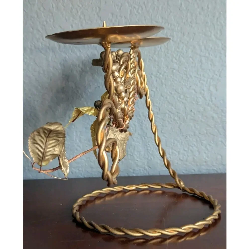 Vtg Hollywood Regency Gold Tole Metal Floral Candle Holder Centerpiece Mantel